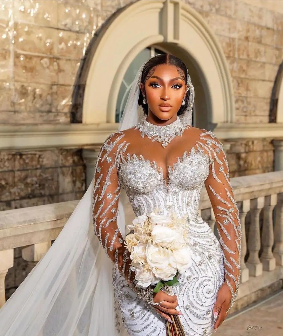 Wedding Mermaid Dresses Long Sleeves V Neck Halter Sequins D Lace Appliques Beaded Ruffles Bridal Gowns Vestina De Novia Estina Estina