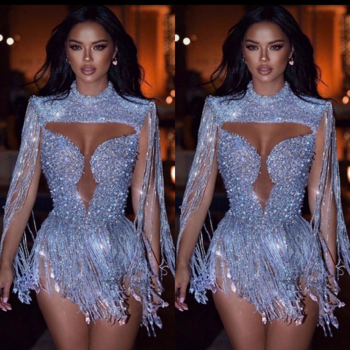 Tail Evening Sparkly Sequined Tassels Prom Dress Shiny Mermaid High Collar Plus Size Club Wear Custom Made Special Ocn Dresses Es