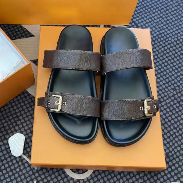 2024 7a top quality gold-tone wedge sandal famous designer woman luxury Shoe 2 strap embossed Slippers Bom Dia flat heel slides man Summer Beach lady big size Slide 35-45