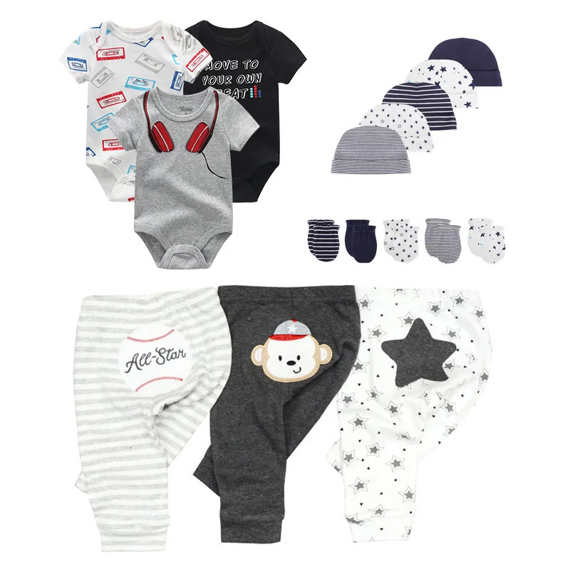 Cotton Solid born Baby Sets Unisex BodysuitsPantsHatsGloves Girl Boy Clothes Short Sleeve Roupas de bebe 240110