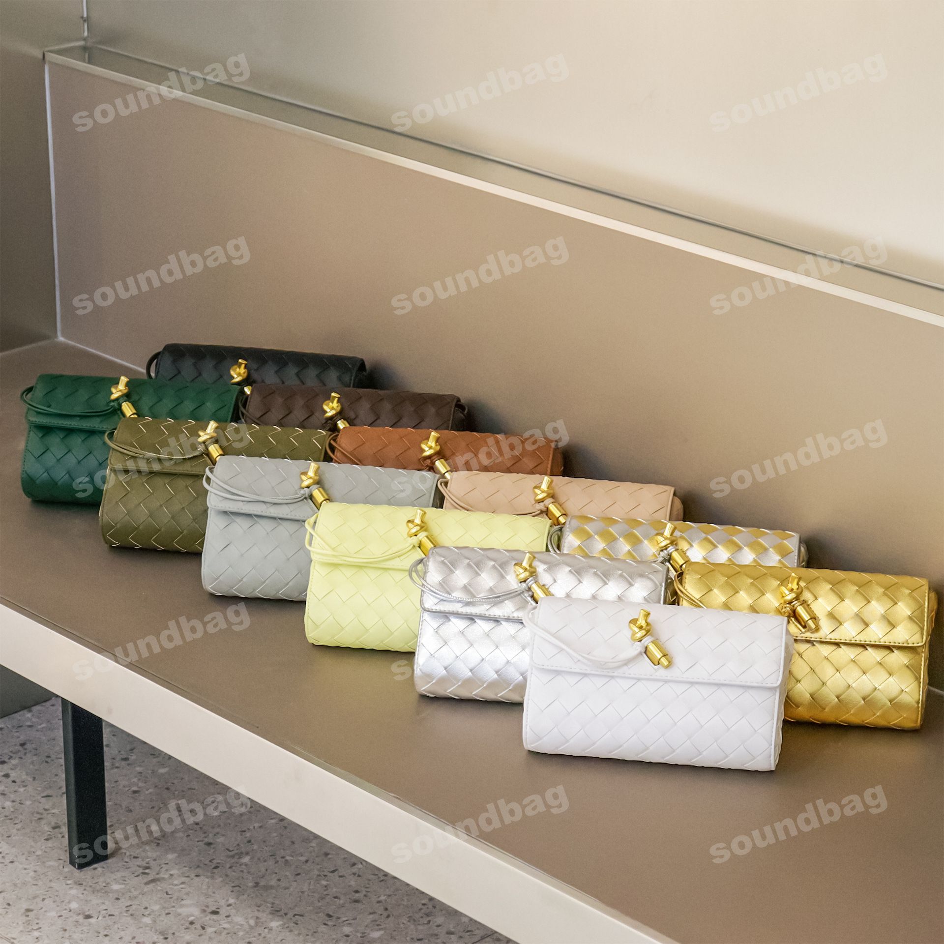 Evening Woven Clutch: Handcrafted, Metal Clasp Front Flap Lock ,Chic Grid with Golden Hardware - Elegant Small Square Shoulder & Crossbody Women Leath
