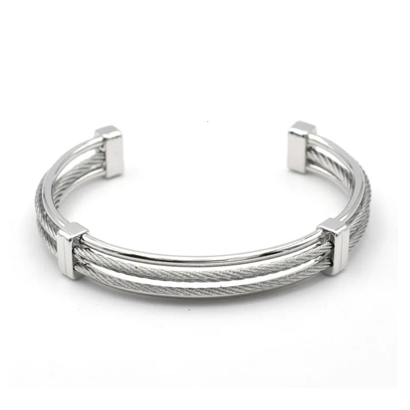 European and American Stainless Steel Braided Wire Rope Hollow Bangles Open Ins Style Retro Gold Steel Bracele 240110