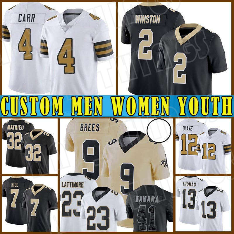 9 Drew Brees 41 Alvin Kamara Football Jerseys Derek Carr Chris Olave New Orleanses Saints Marshon Lattimore Taysom Hill Michael Thomas Tyrann Mathieu Jameis Winston