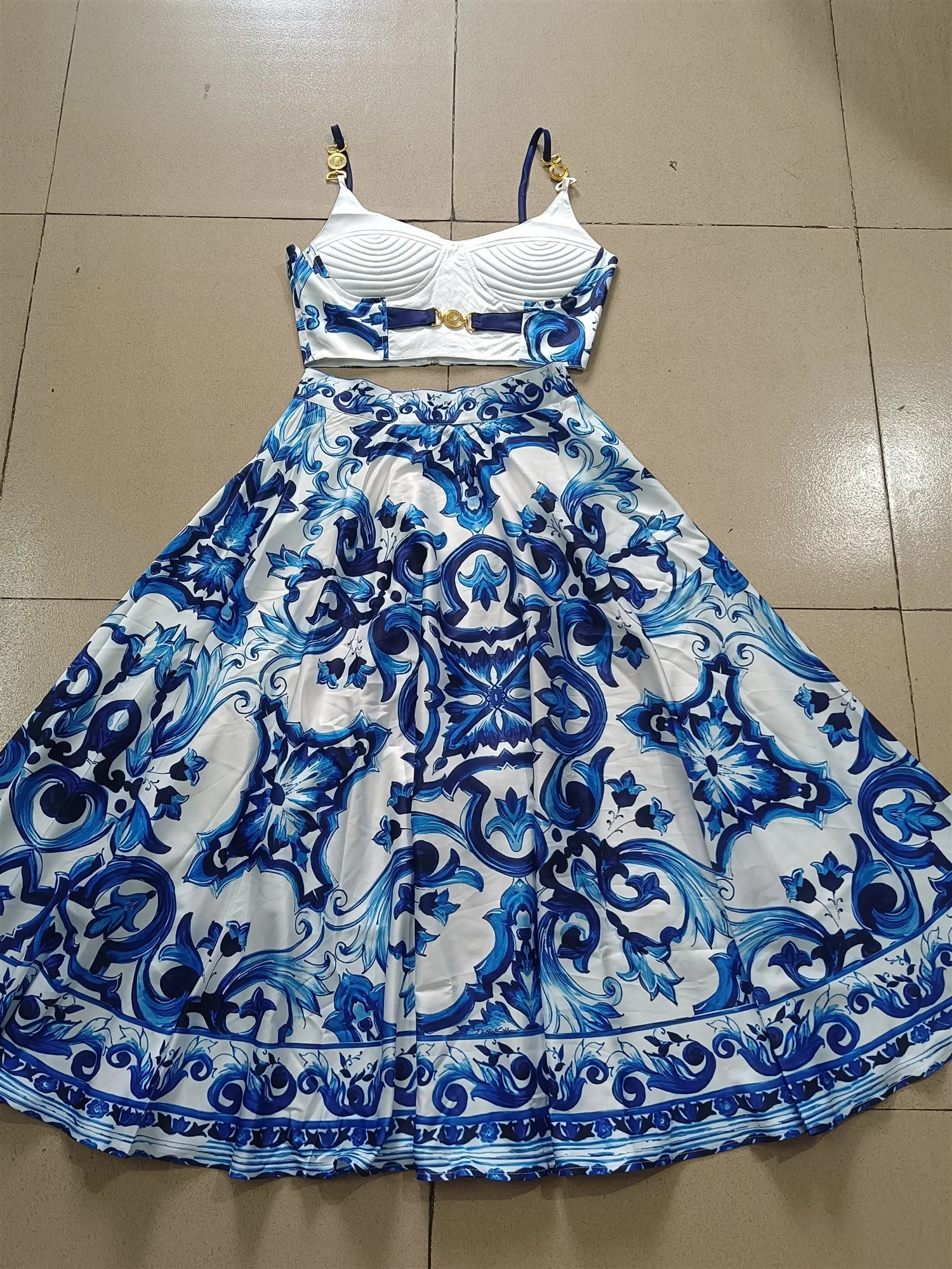 JAMERARY Summer Blue White Porcelain Two Pieces Set Women Straps Gold Button Tank Camis Crop Tops Print Long Skirt Suit Beach 240111