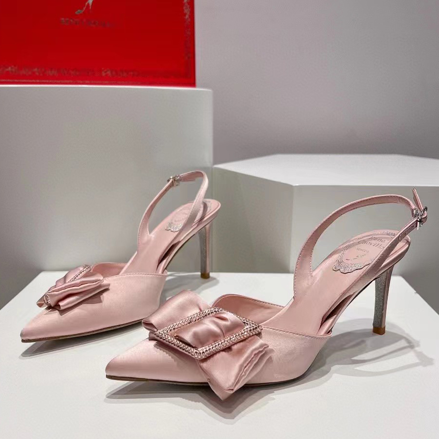 Top Quality High Heel Dress Shoes Casual Satin Bow Crystal Square Buckle Decorative Ankle Strap Buckle Women Luxury Designer Sandals