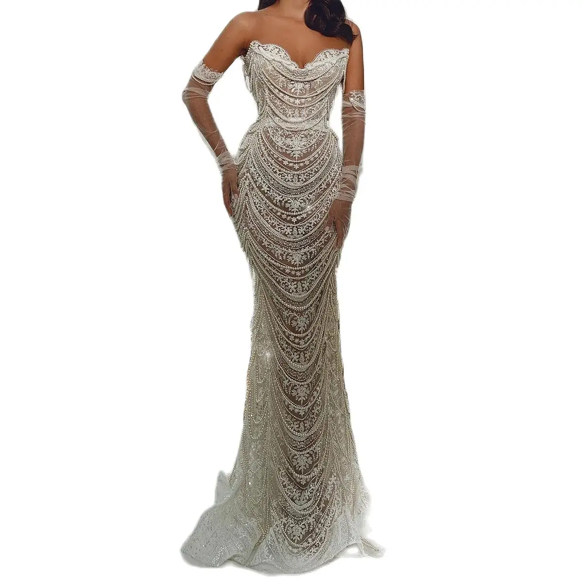 Luxury Pearl Mermaid Wedding Dresses Strapless Bridal Gowns Beading Tassel Appliques See Through Illusion Sweep Train Robe Bride Dresses