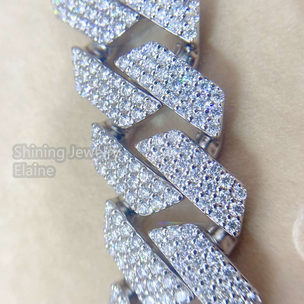 20mm Width Three Rows Hand Setting Iced Moissanite Diamond Silver Hiphop Necklace Men Trendy Cuban Chain