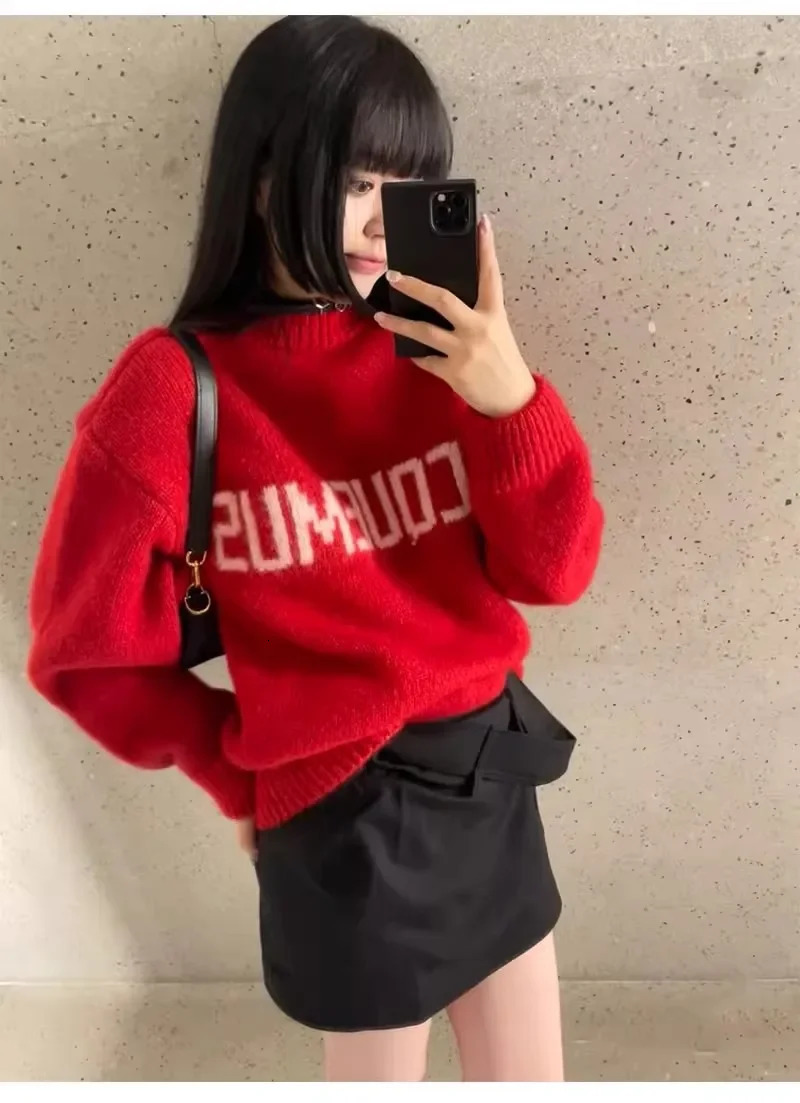 Womens alpaca wool zipper with letter printing womens wool sweater with round neck 240110