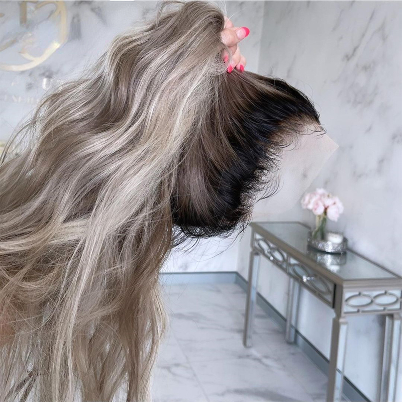 Free shipping 200density Brazillian Human Hair Ash Blonde Shade Root Slight Wavy Wig Ombre y Grey Full Lace Front Wigs for Women