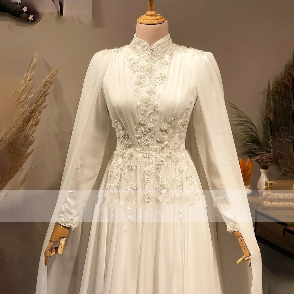 Dubai White Arabic Elegant A E Evening Dresses With Cape High Neck Long Sleeves Muslim Formal Ocn Gown Lace Appliques Or Length Customized Ppliques Lz
