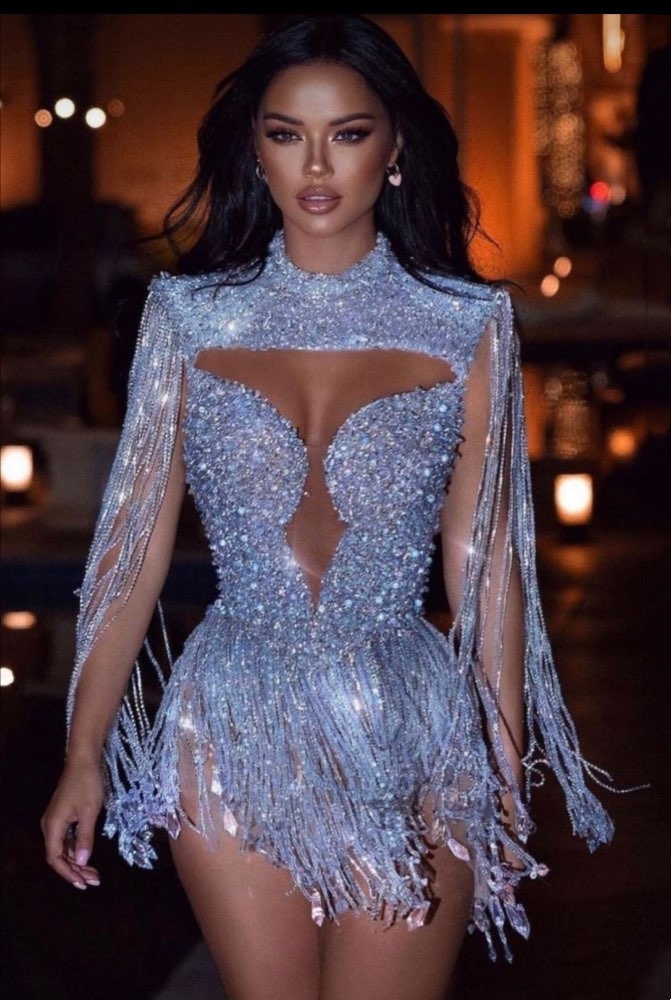 Tail Evening Sparkly Sequined Tassels Prom Dress Shiny Mermaid High Collar Plus Size Club Wear Custom Made Special Ocn Dresses Es