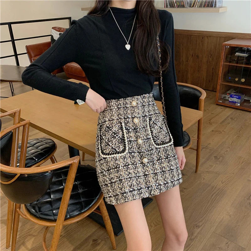Rimocy Fall Winter Plaid Wool Skirt Women Pearl Button Woolen Tweed Mini Ladies Thicken High Waist Short Skirts Woman 240110