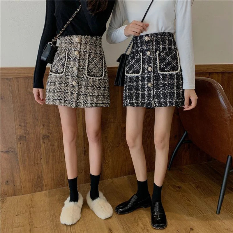 Rimocy Fall Winter Plaid Wool Skirt Women Pearl Button Woolen Tweed Mini Ladies Thicken High Waist Short Skirts Woman 240110