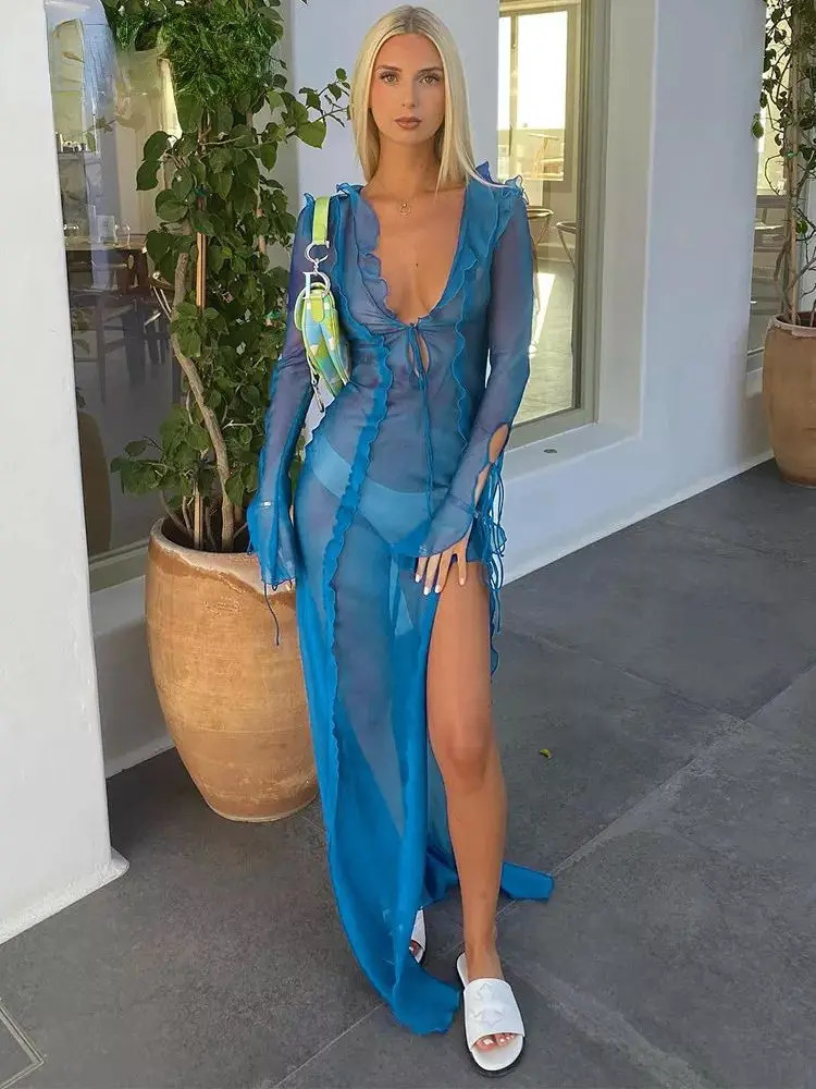 Summer Beach Dres Elegant Bandage Ruffles Slim Maxi Dress Sexy Blue Long Sleeve Evening Party Club Outfits 240111