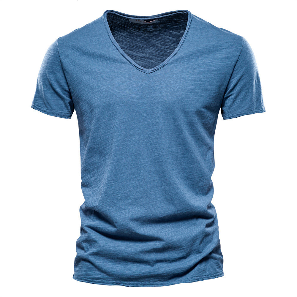Summer 100% Cotton Soild T Shirt Men V-Neck Short Sleeve Casual Mens T-Shirts Soft Feel High Quality Male Tops Tees 210809