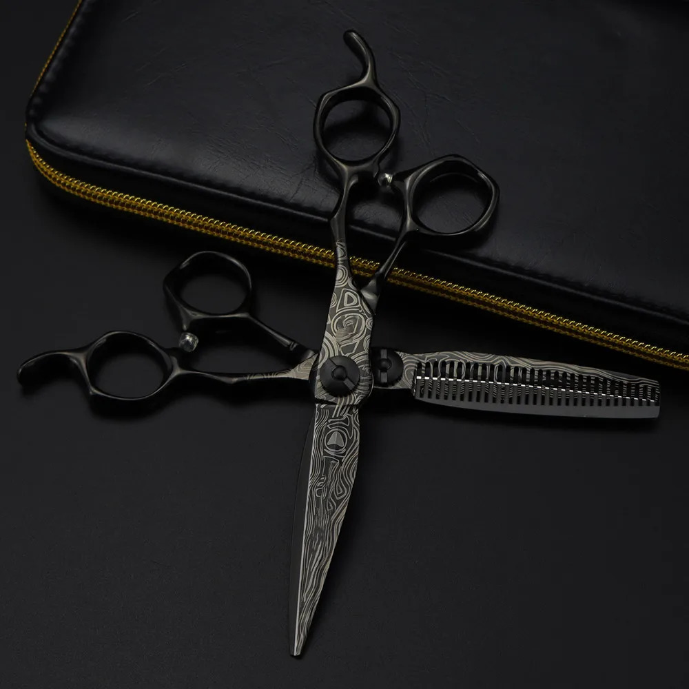 Professional 6 '' Upscale Black Damascus hair scissors cutting barber makas tools haircut thinning shears hairdresser 240110