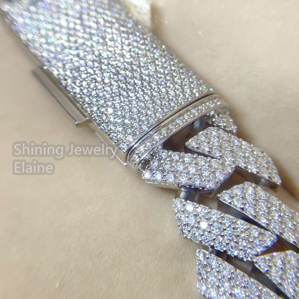 20mm Width Three Rows Hand Setting Iced Moissanite Diamond Silver Hiphop Necklace Men Trendy Cuban Chain