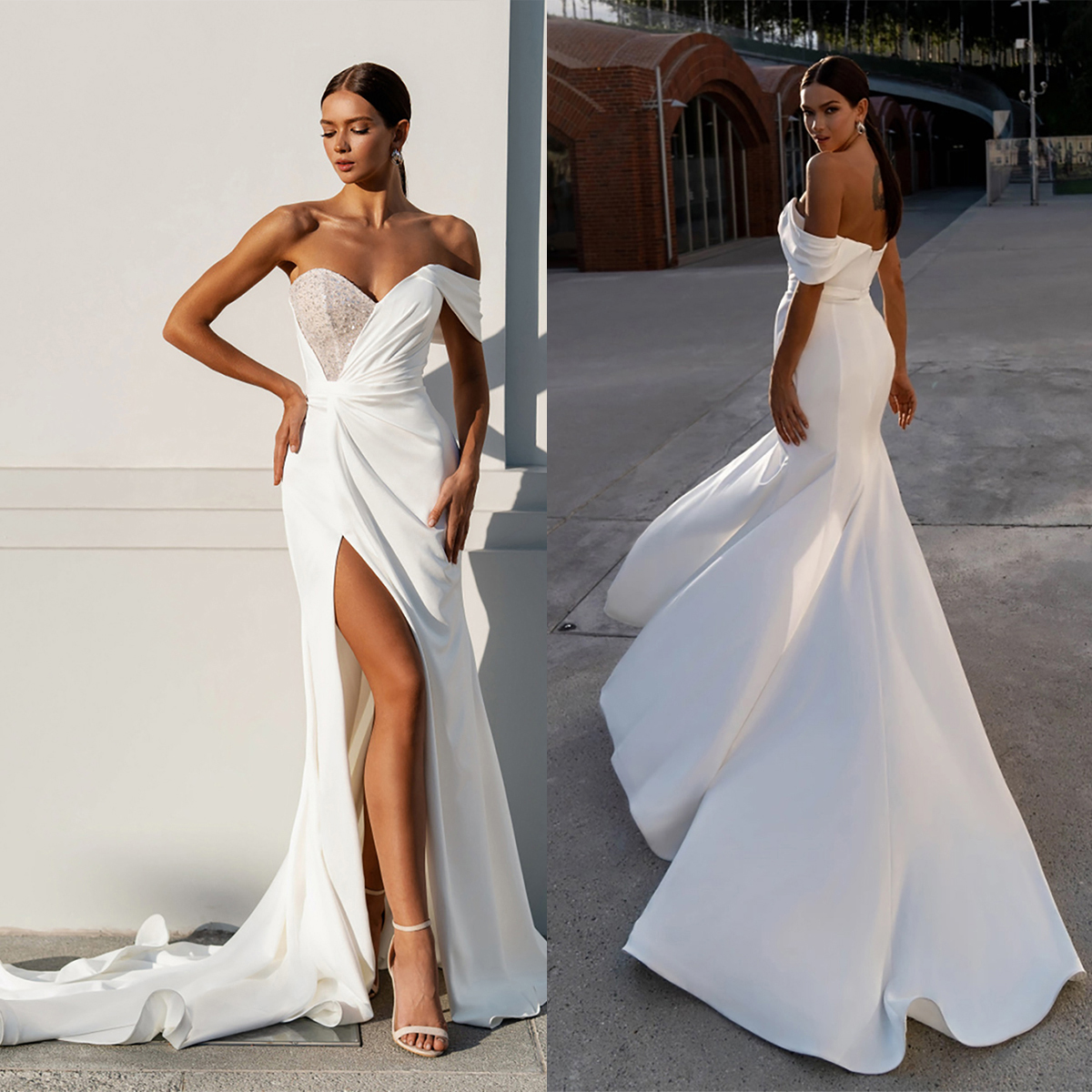 Chic Satin Off Shoulder Mermaid Wedding Sequined Side Split Bridal Gowns Short Sleeves V Neck Bride Dresses Custom Made 0219
