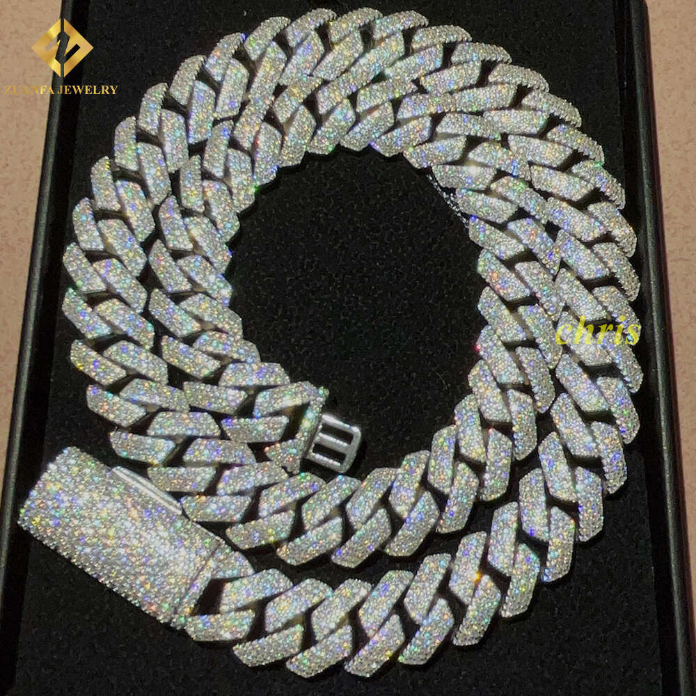 Fast Delivery 15mm 4 Rows Stone Vvs Moissanite Iced Out Diamond 925 Cuban Link Chain