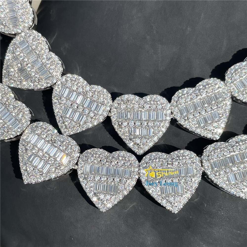 Gra Certificate Pass Diamond Tester Silver Necklace Vvs Moissanite 13mm Baguette Heart Iced Out Cuban Link Chain Hip Hop