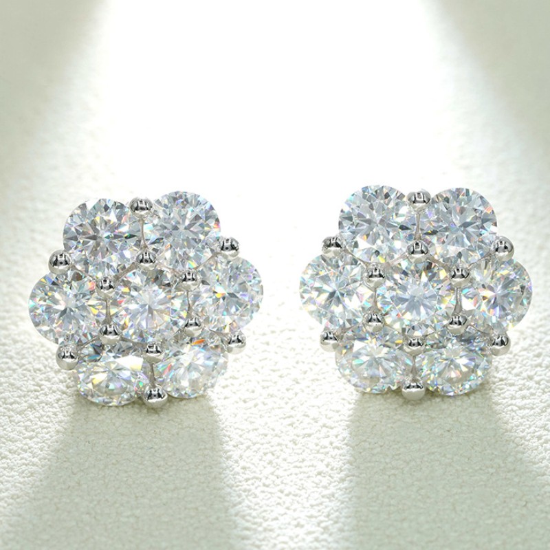 New Trendy Men Women Silver Earrings Pass Test 925 Sterling Silver 5mm Round VVS Moissanite Flower Earrings Studs Nice Gift Bling Jewelry for Party We