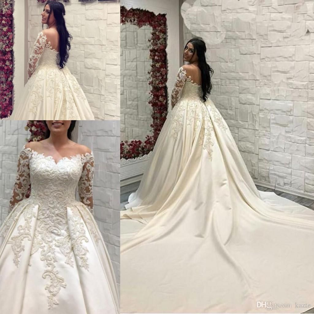 charming Saudi Arabic lace satin Dresses illusion Long Sleeves v neck applique Bridal Gowns Cathedral Train Plus Size Wedding gown