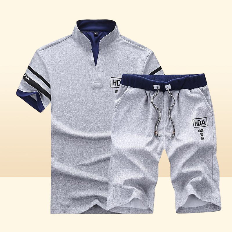 Men039s Summer Tracksuits Shorts Short Sleeve T Shirt Men Beach Tee Male Elastic Waist Homme Solid Color