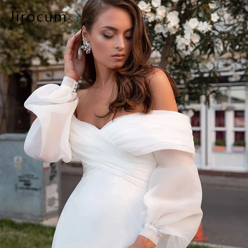 Modern New Satin Wedding Dress Off Shoulder Bride Mermaid Long Bubble Sleeves Top Organza Simple Bridal Gowns Vestidos De Novia