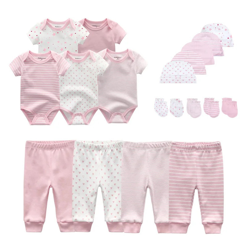 Cotton Solid born Baby Sets Unisex BodysuitsPantsHatsGloves Girl Boy Clothes Short Sleeve Roupas de bebe 240110