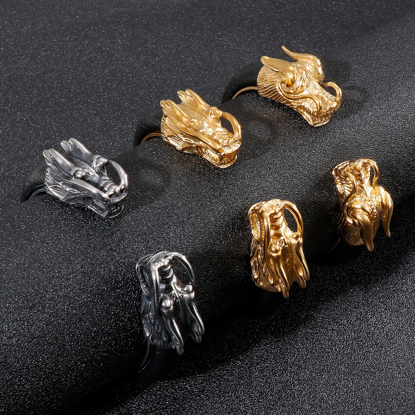 316L Stainless Steel Dragon Head Cuff Bangle Wolf Bracelet Men Leather Elastic Open Boys Hand Bracelets Mens Jewellery 240110