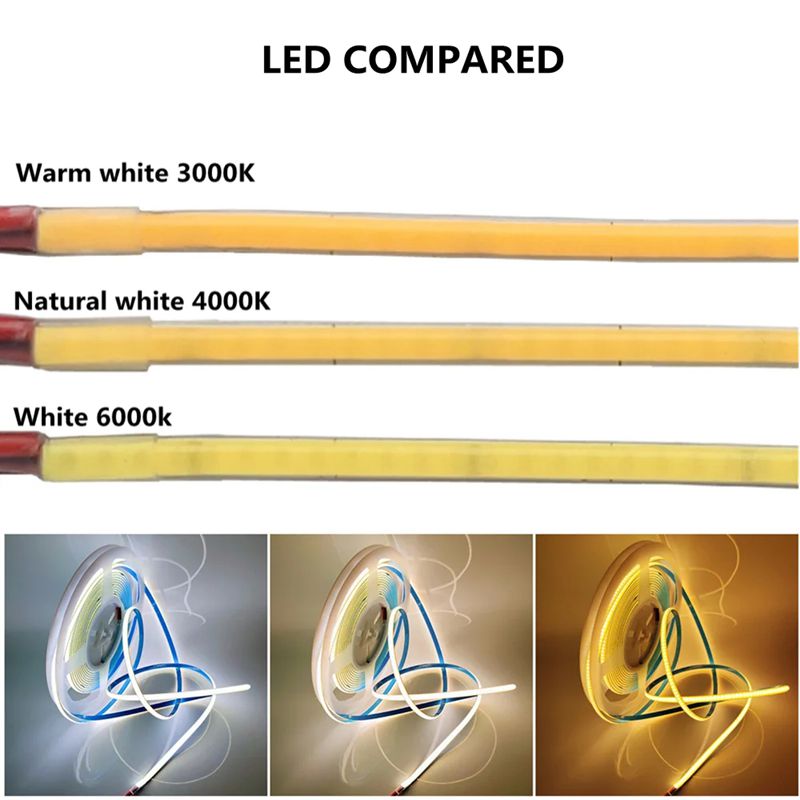 3mm 5mm Ultra Thin COB LED Strips 12V 24V RA>90 High CRI LED Tape Light Cuttable Flexible 16.4FT Super Bright IP20 for Indoor House Kitchen