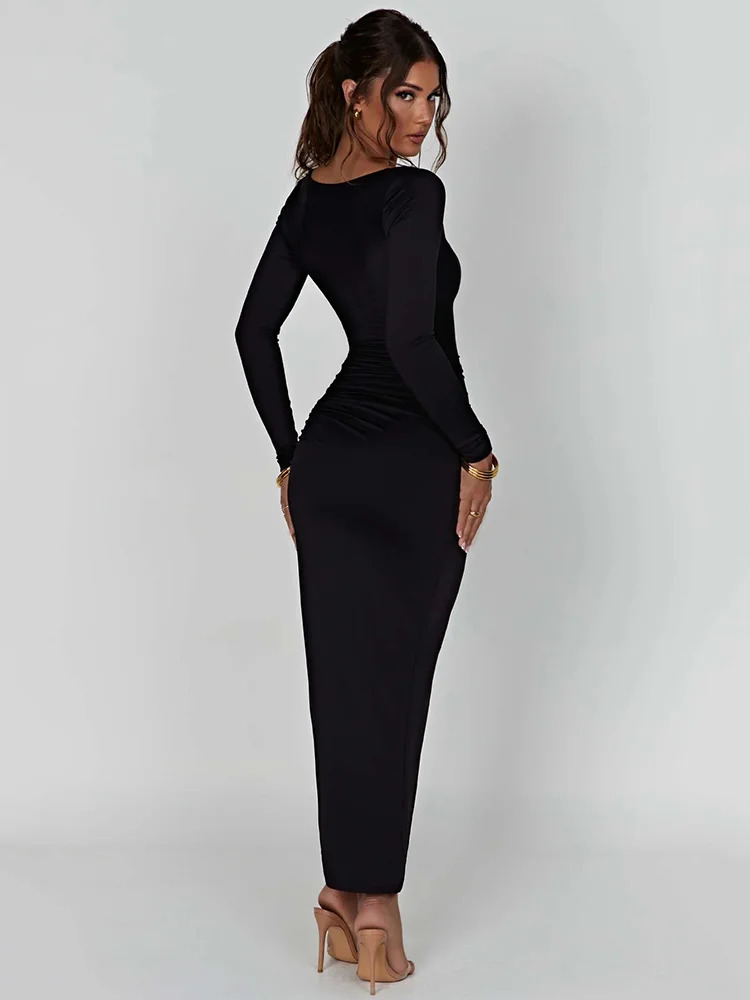 Mozision Long Sleeve Ruched High Split Maxi Dres Square Collar Drawstring Bodycon Sexy Party Dress Elegant Autumn 240111