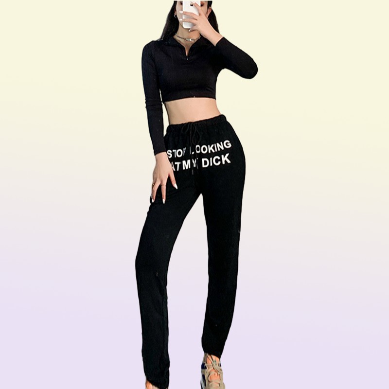 Summer Joggers Women Pants Letter Stop Looking At My Dick Sweatpants Hip Hop Black High Waist Jogging Pants Trousers Women