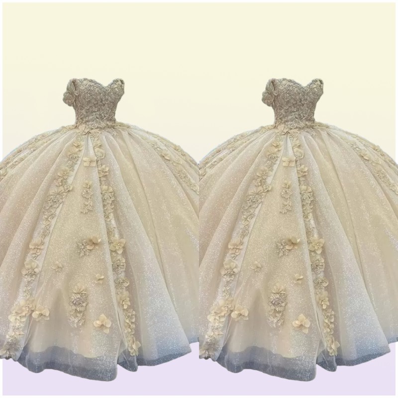 Light Champagne Quinceanera Dresses with with 3D Floral Lace Applique Beaded TulleFloor Length Pleats Sweet 15 16 Birthday Ba