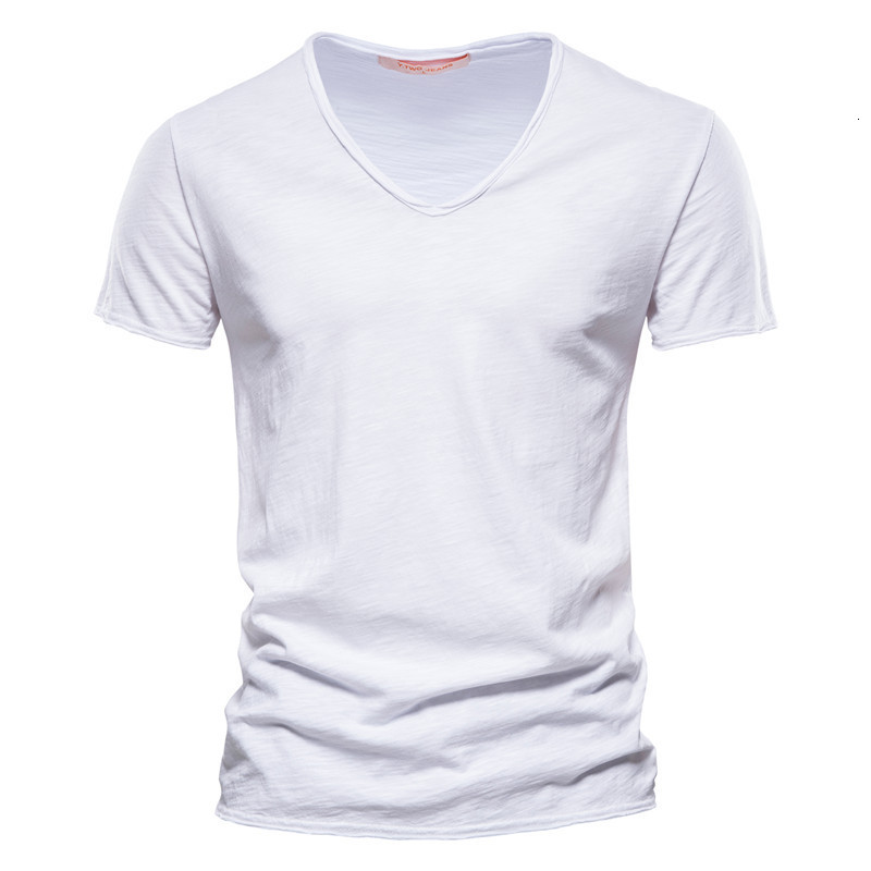 Summer 100% Cotton Soild T Shirt Men V-Neck Short Sleeve Casual Mens T-Shirts Soft Feel High Quality Male Tops Tees 210809