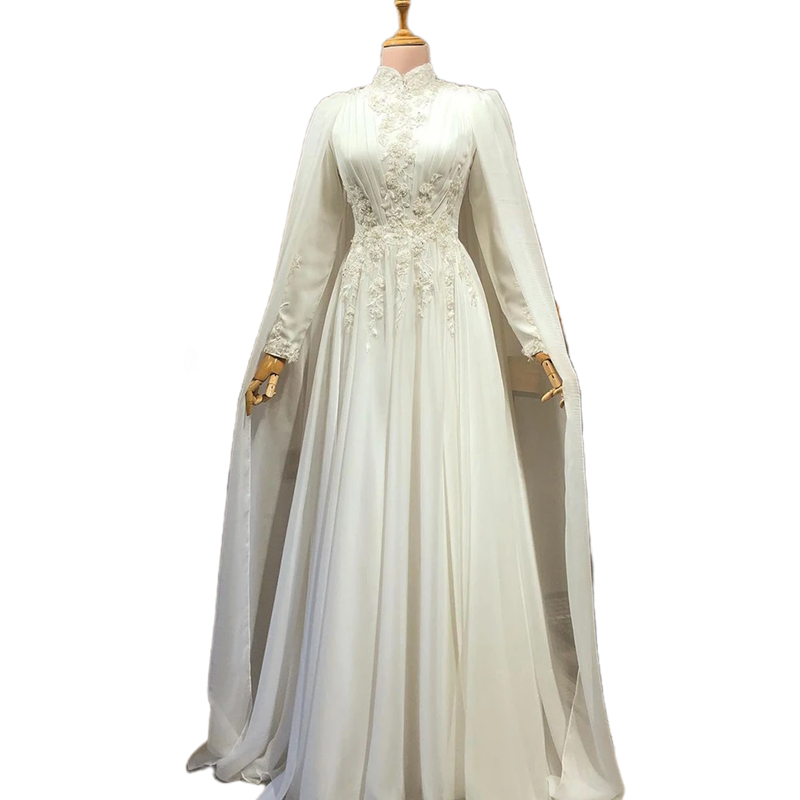 Dubai White Arabic Elegant A E Evening Dresses With Cape High Neck Long Sleeves Muslim Formal Ocn Gown Lace Appliques Or Length Customized Ppliques Lz