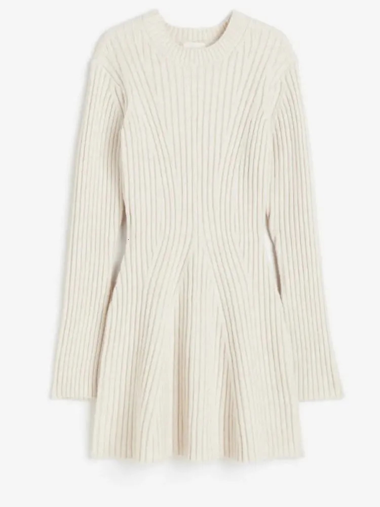 Elegant Solid Ribbed Knitted Short Dress For Women 2023 Long Sleeve O Neck Mini Dresses Fashion Autumn Lady Party Club Vestidos 240111