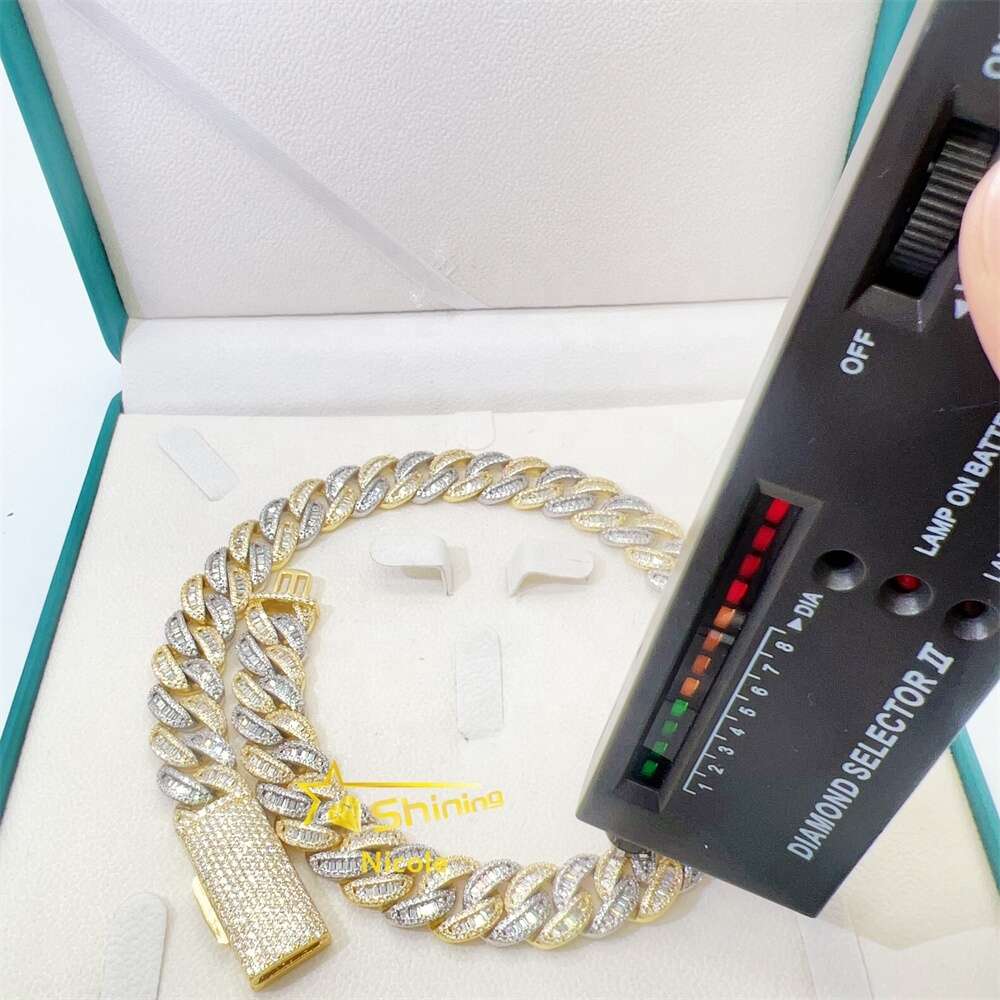 Custom Iced Out Jewelry 15mm Width 2 Tones Gold Plated S925 Gra Moissanite Miami Cuban Link Chain