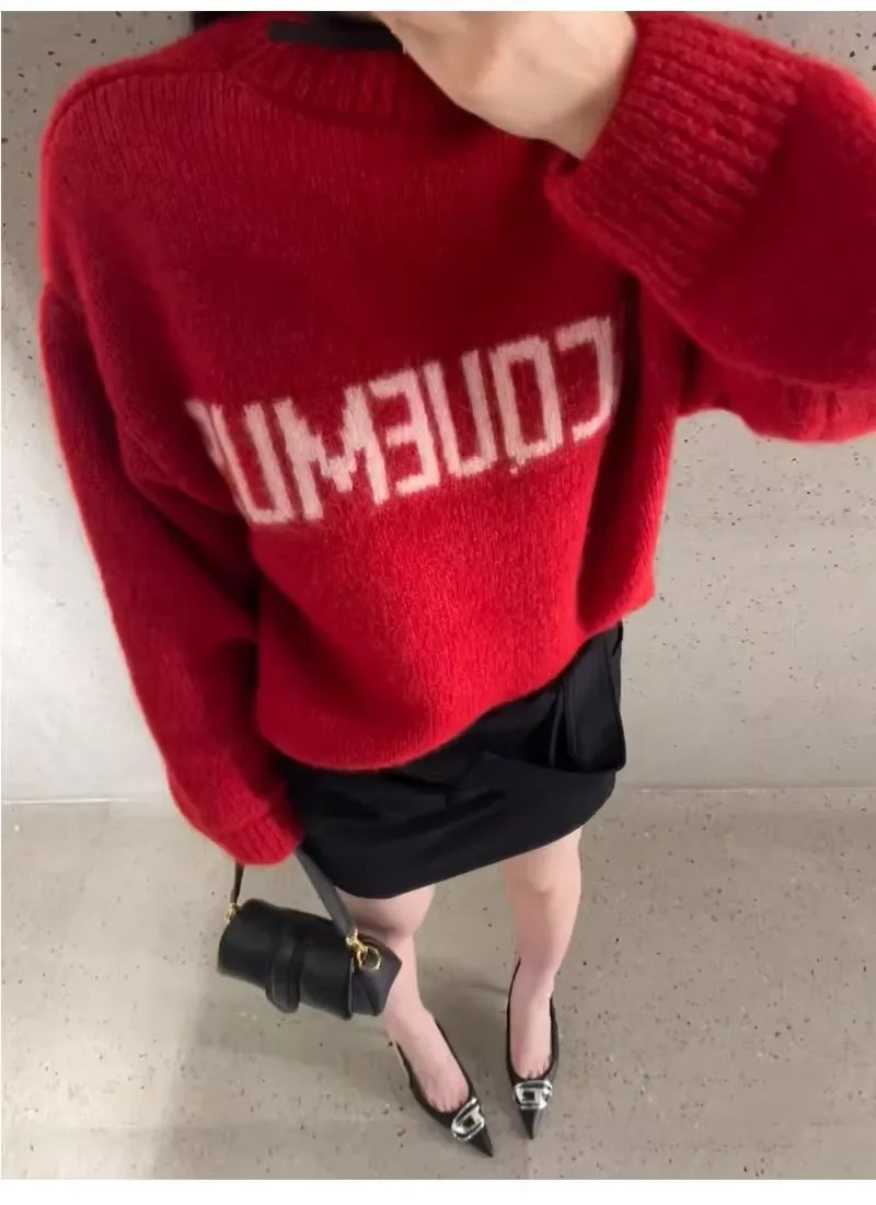 Womens alpaca wool zipper with letter printing womens wool sweater with round neck 240110