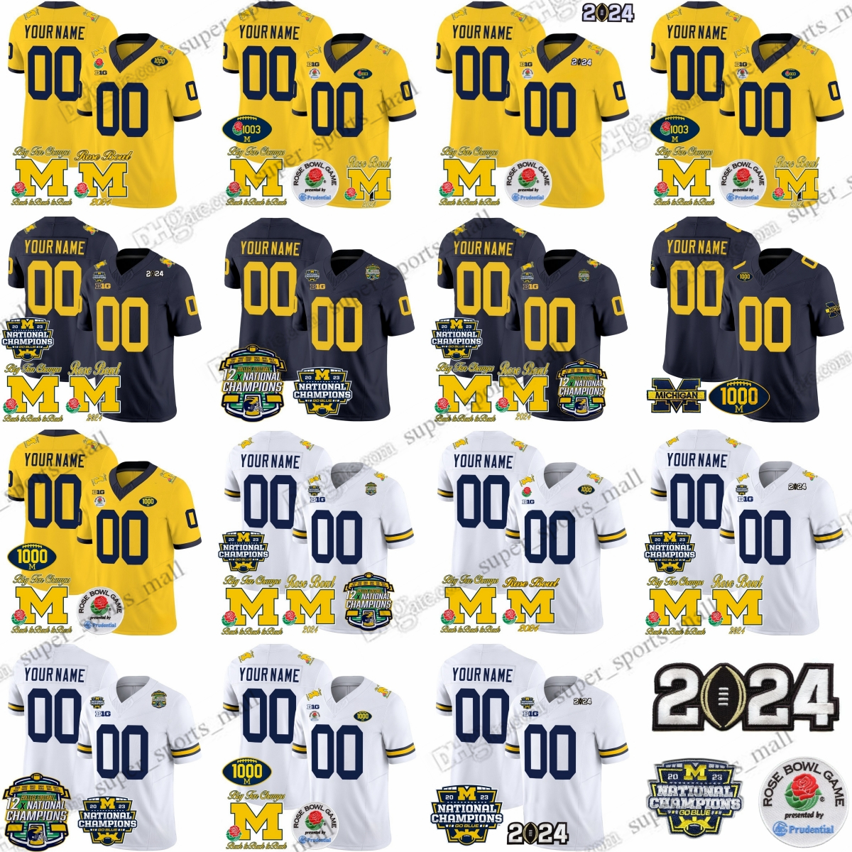 Custom NCAA S-6XL Michigan Wolverines Football Jersey 9 J.J. McCarthy 10 Tom Brady 2 Blake Corum 13 Jack Tuttle Denegal 2024 Big Ten Champion 1000 Wins Rose Bowl Patch