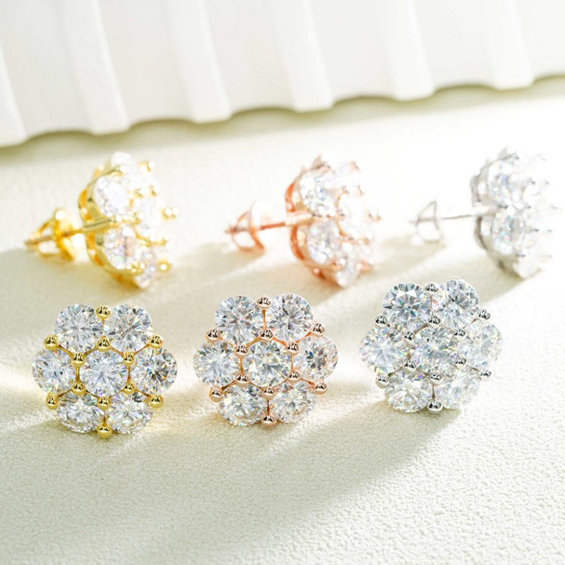 New Trendy Men Women Silver Earrings Pass Test 925 Sterling Silver 5mm Round VVS Moissanite Flower Earrings Studs Nice Gift Bling Jewelry for Party We