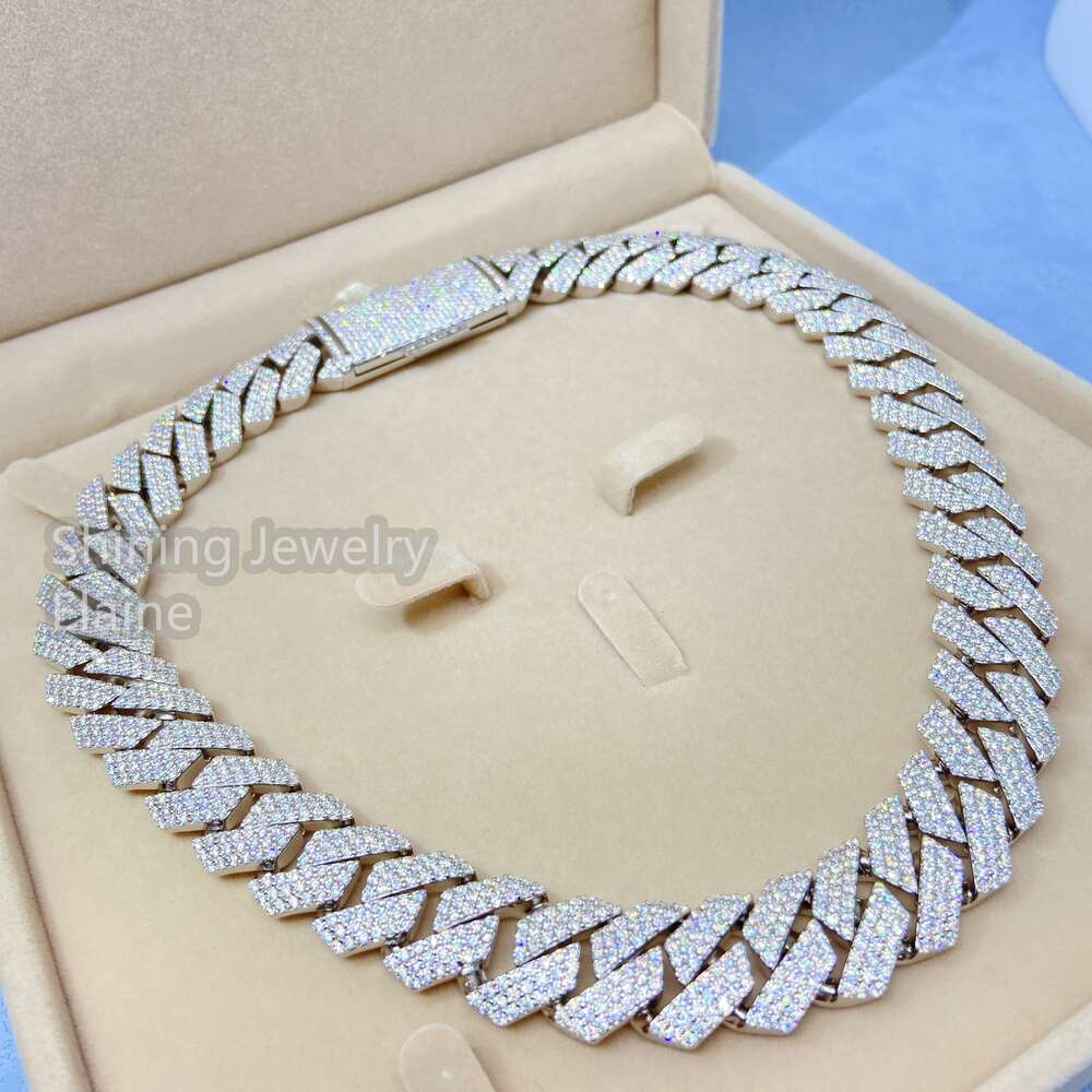 20mm Width Three Rows Hand Setting Iced Moissanite Diamond Silver Hiphop Necklace Men Trendy Cuban Chain