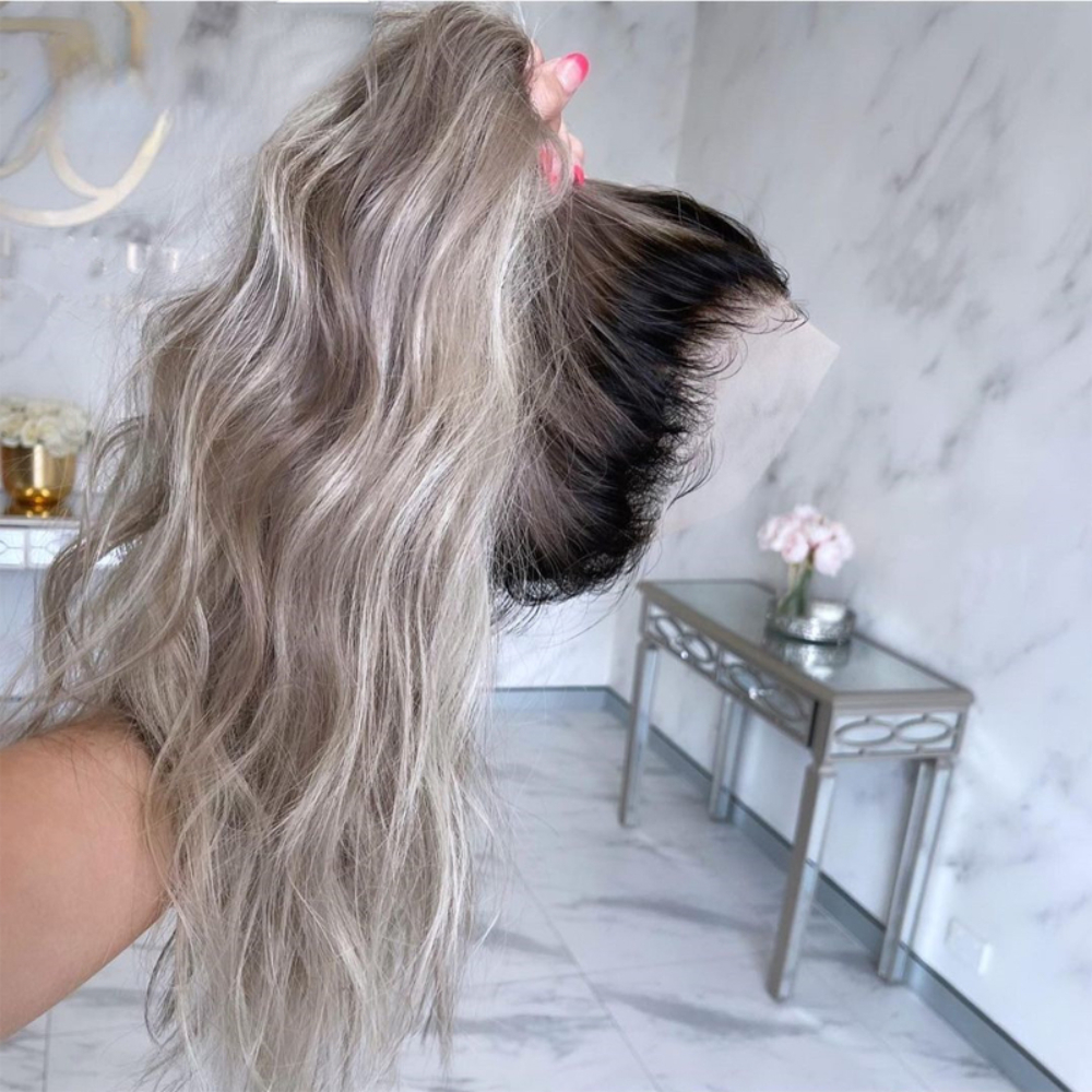 Free shipping 200density Brazillian Human Hair Ash Blonde Shade Root Slight Wavy Wig Ombre y Grey Full Lace Front Wigs for Women