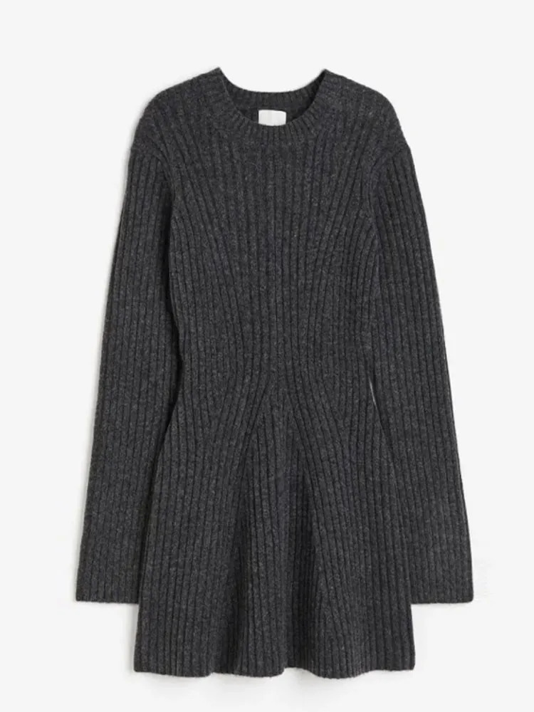 Elegant Solid Ribbed Knitted Short Dress For Women 2023 Long Sleeve O Neck Mini Dresses Fashion Autumn Lady Party Club Vestidos 240111
