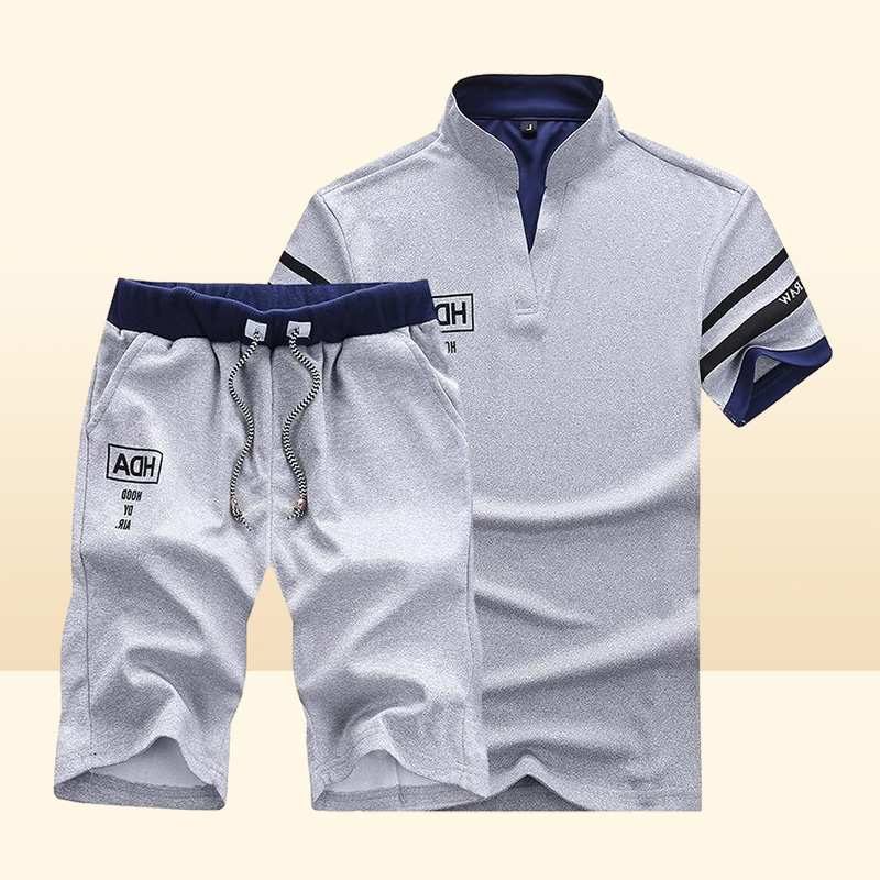 Men039s Summer Tracksuits Shorts Short Sleeve T Shirt Men Beach Tee Male Elastic Waist Homme Solid Color