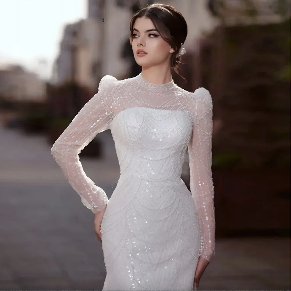 2024 Elegant Muslim Wedding Dress for Women Long Sleeves Mermaid with Detachable Train High Neck Pearls Beads Bridal Gowns Customed Vestidos De Noiva 