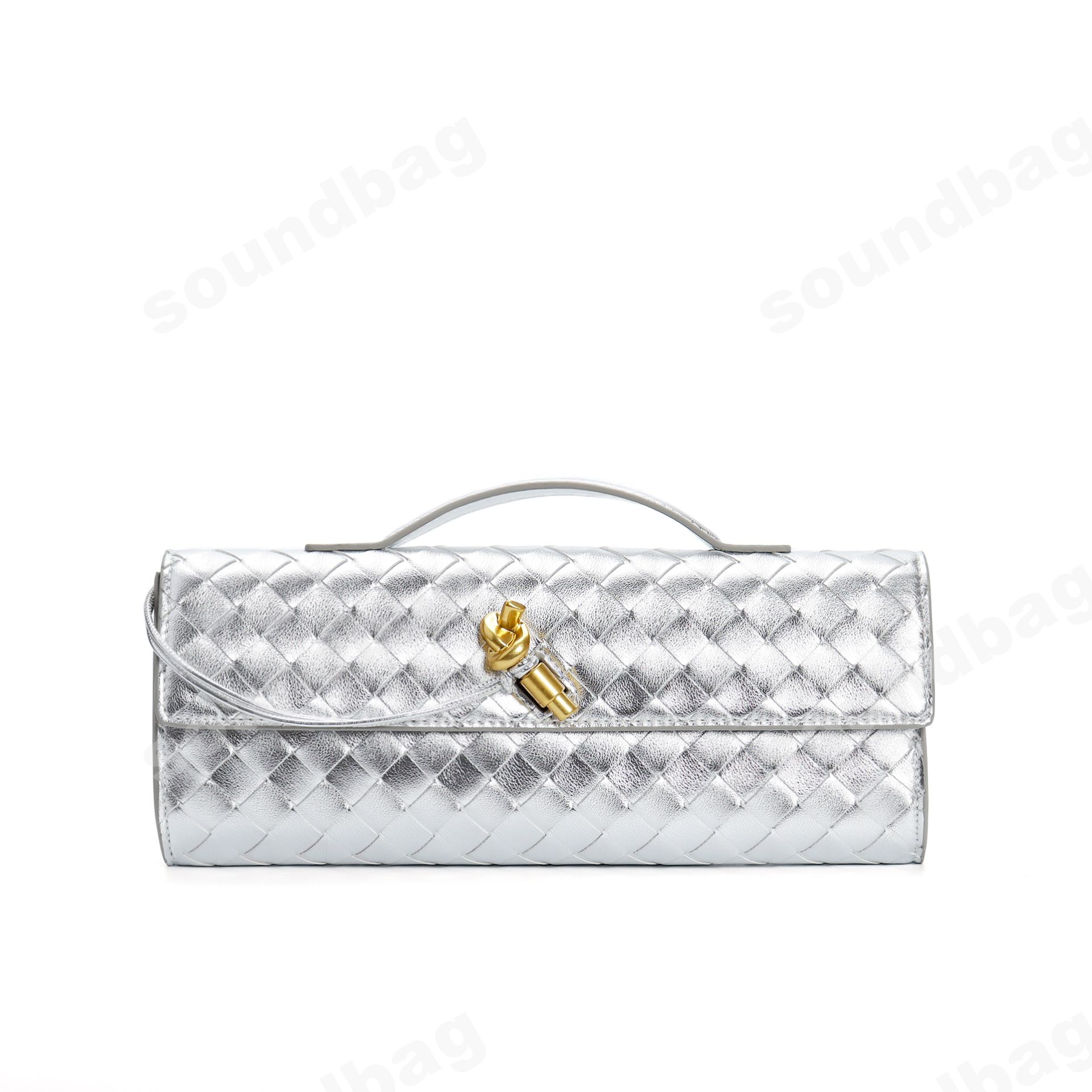 Evening Woven Clutch: Handcrafted, Metal Clasp Front Flap Lock ,Chic Grid with Golden Hardware - Elegant Small Square Shoulder & Crossbody Women Leath