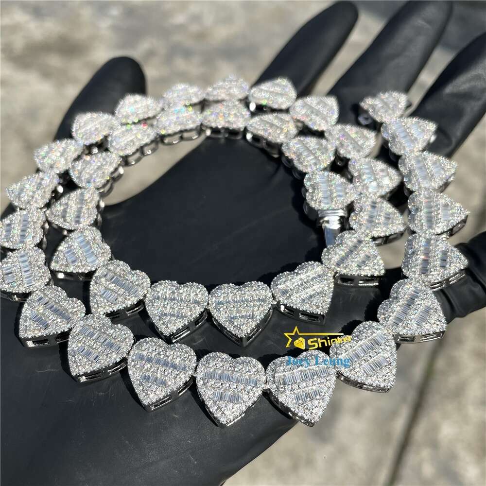 Gra Certificate Pass Diamond Tester Silver Necklace Vvs Moissanite 13mm Baguette Heart Iced Out Cuban Link Chain Hip Hop