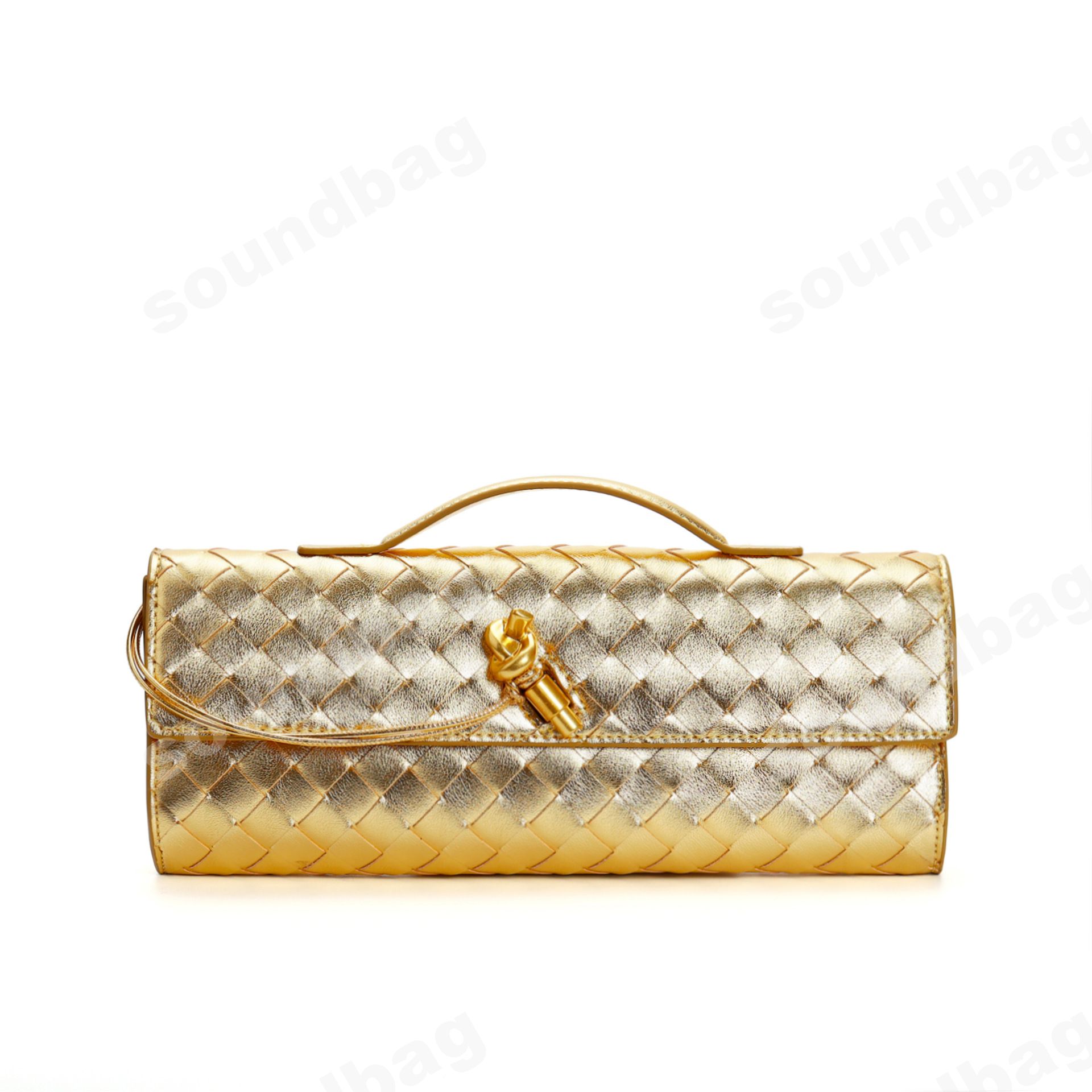 Evening Woven Clutch: Handcrafted, Metal Clasp Front Flap Lock ,Chic Grid with Golden Hardware - Elegant Small Square Shoulder & Crossbody Women Leath