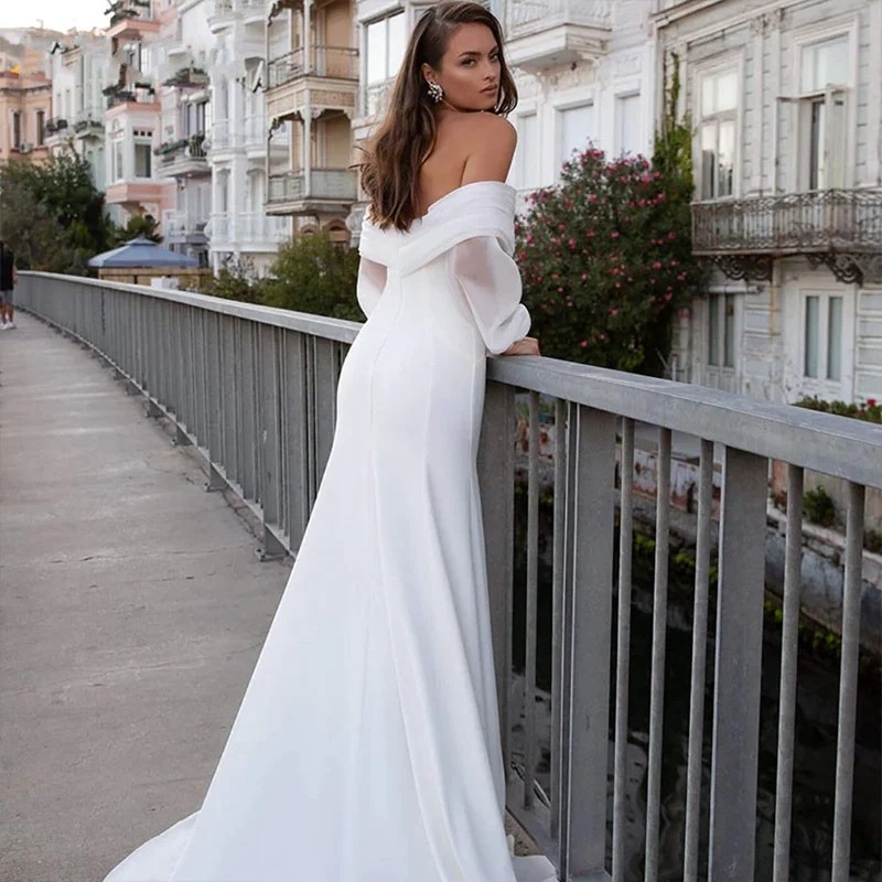 Modern New Satin Wedding Dress Off Shoulder Bride Mermaid Long Bubble Sleeves Top Organza Simple Bridal Gowns Vestidos De Novia